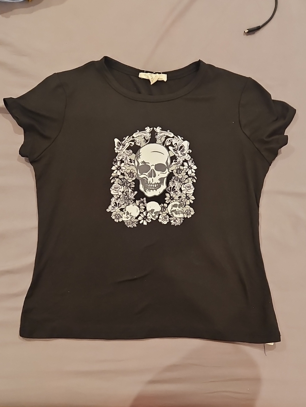 Black Skull & Floral Graphic Baby Tee - Women